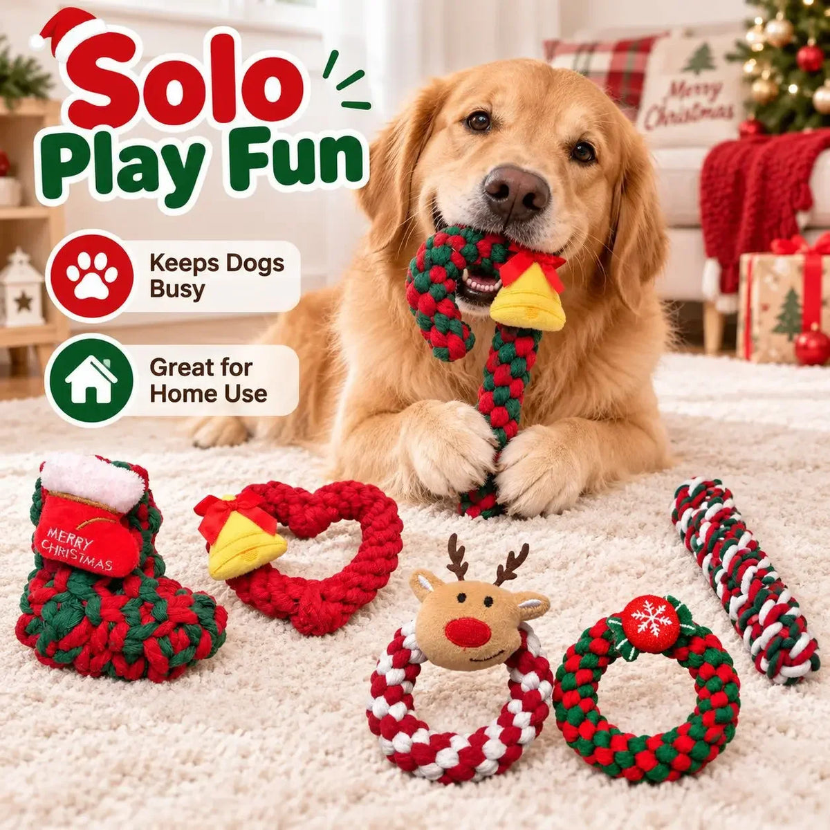 Christmas Dog Cotton Rope Knot Toy for Chewing and Play