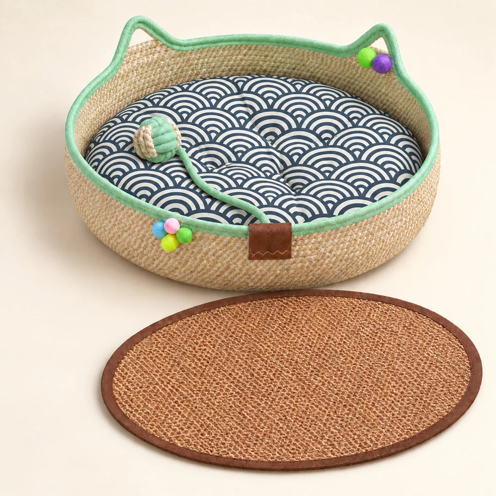 Round Woven Cat Bed With Ear Design Indoor Cat Lounger