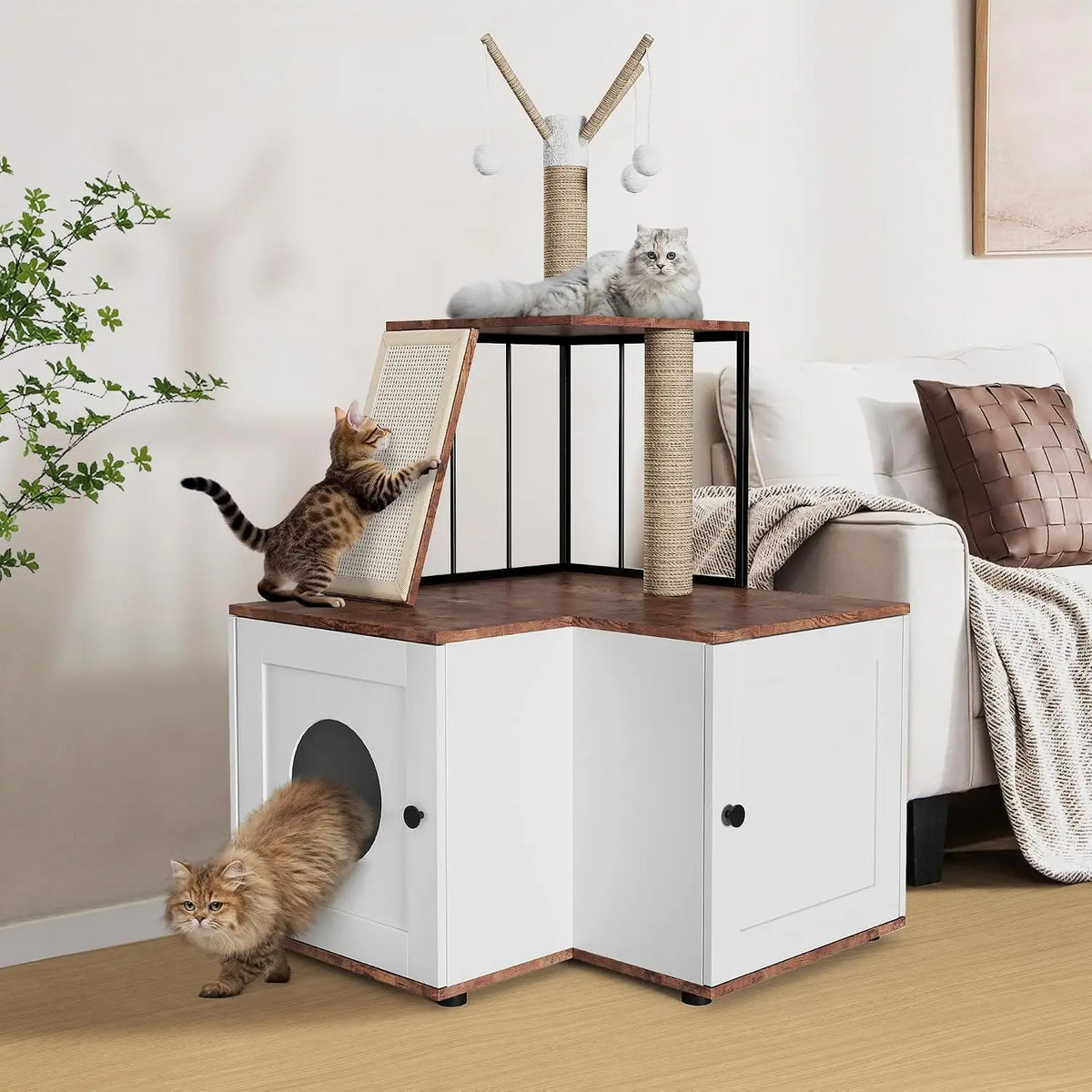 Garvee Wood Cat Tree With Scratching Post And Storage Cabinet