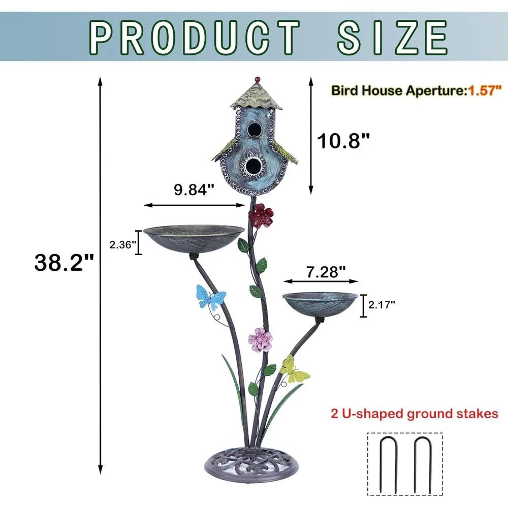 Durable 38" Metal Birdbath With Integrated Bird Feeder And Houses For Garden