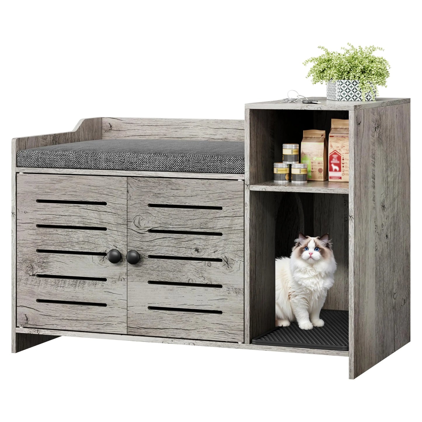 Farmhouse Cat Litter Box Enclosure With Storage And Scratch Pad