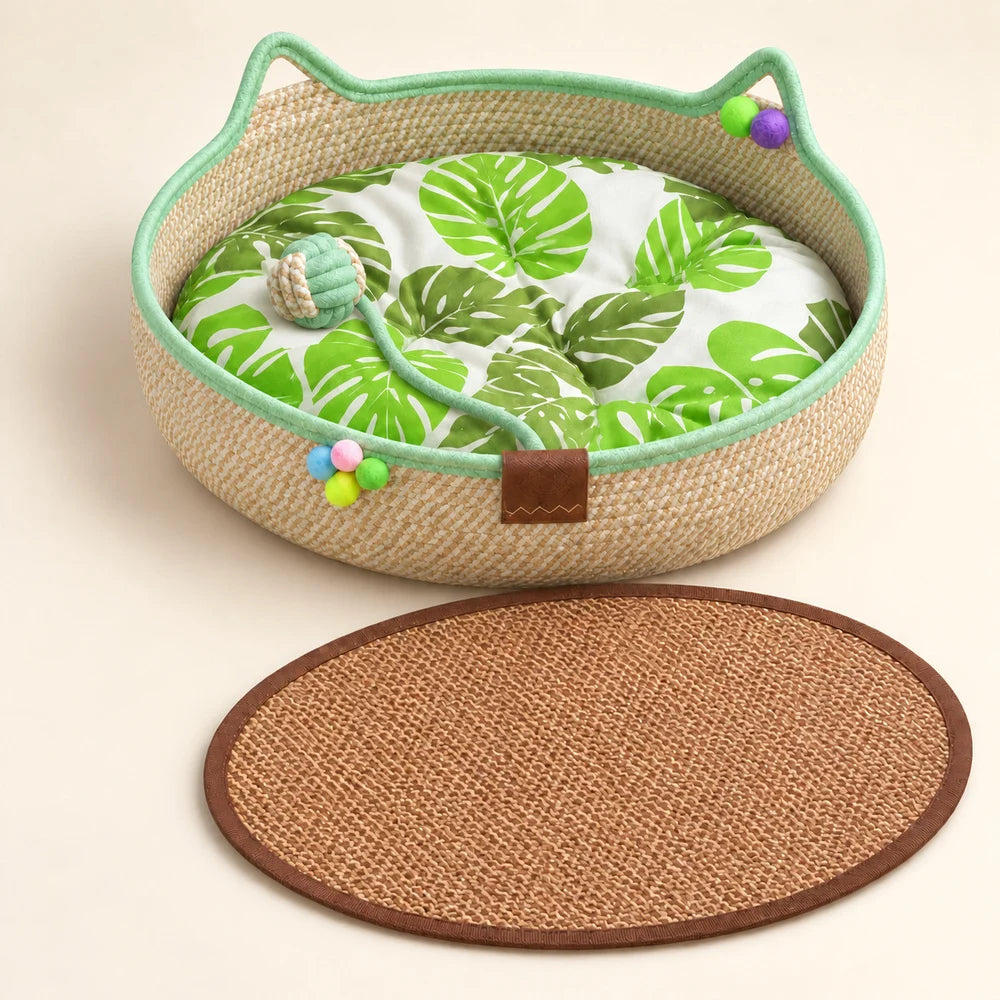 Round Woven Cat Bed With Ear Design Indoor Cat Lounger