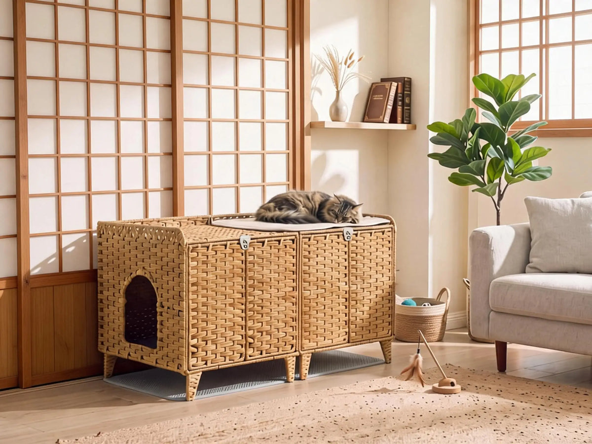 Rattan Cat Litter Box Enclosure Cabinet With Airflow Vents