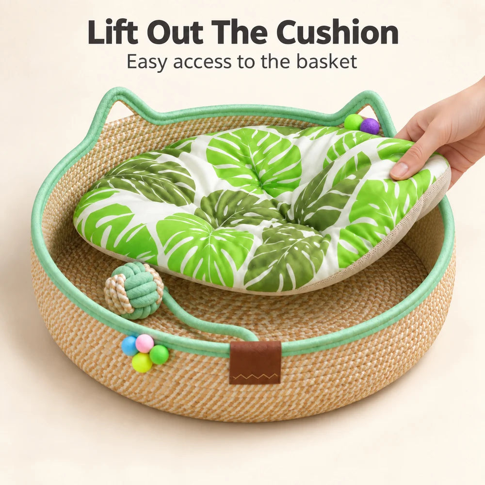 Round Woven Cat Bed With Ear Design Indoor Cat Lounger