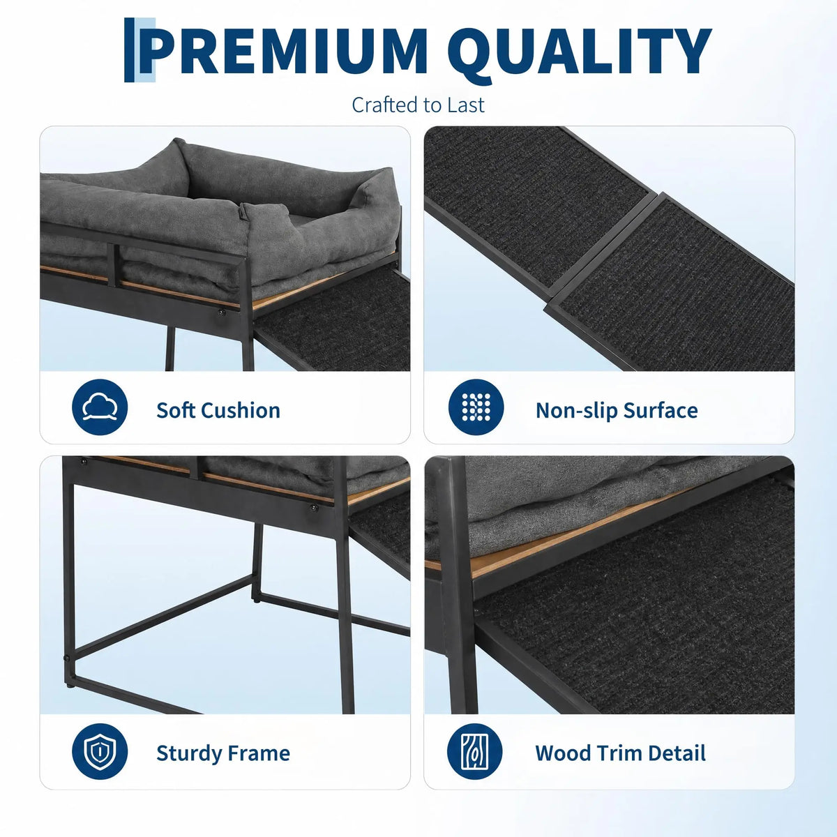 Elevated Pet Bed Ramp With Non Slip Access And Bolster Cushion