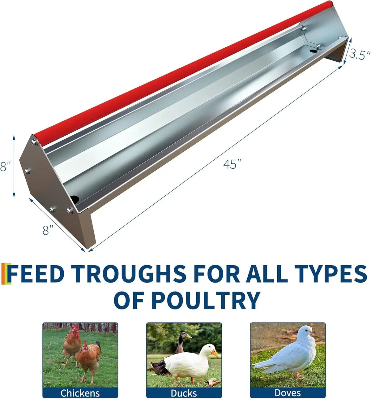 HiMISS Galvanized Steel Poultry Feeding Trough With Rotatable Handle
