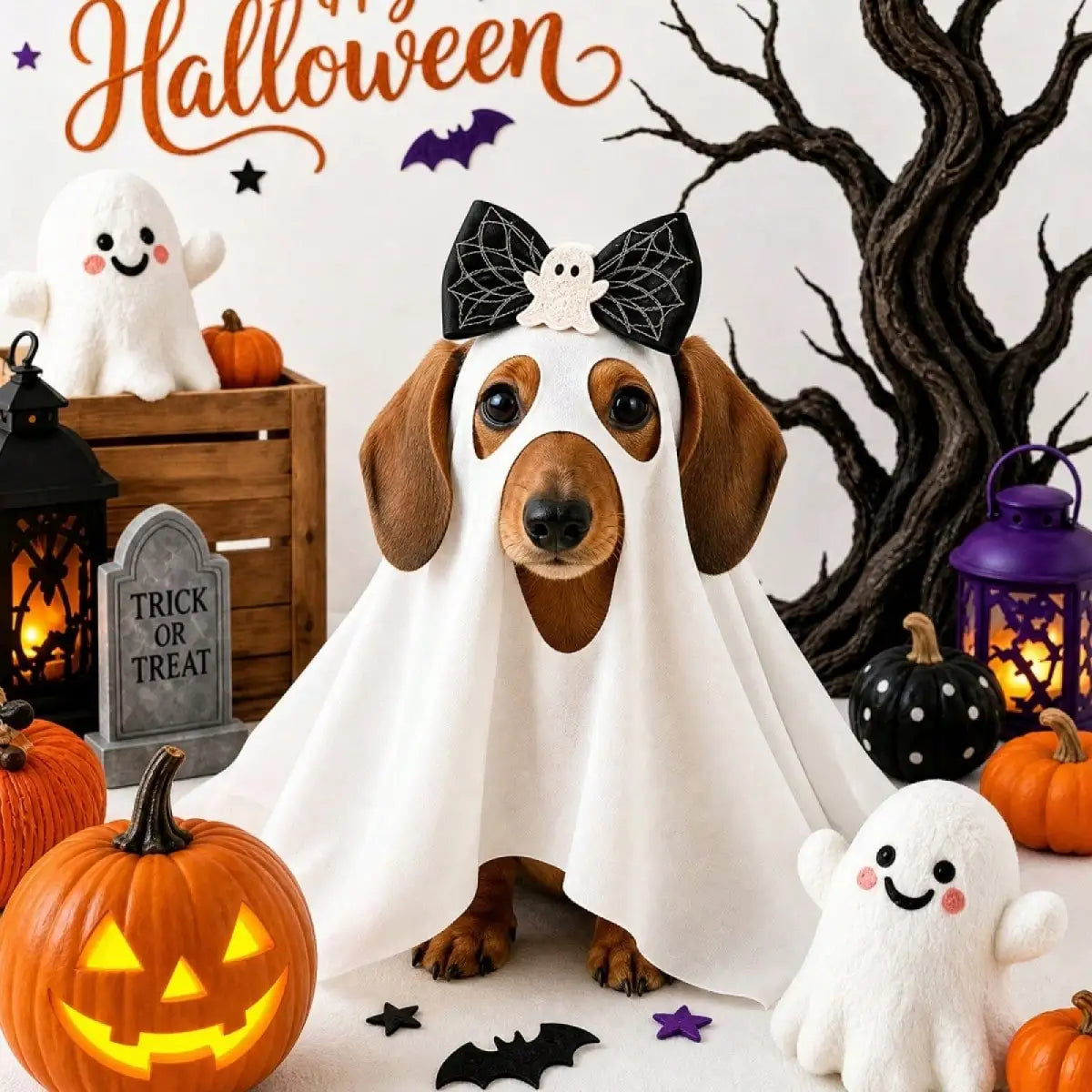 Funny Dog And Cat Halloween Ghost Costume With Bow