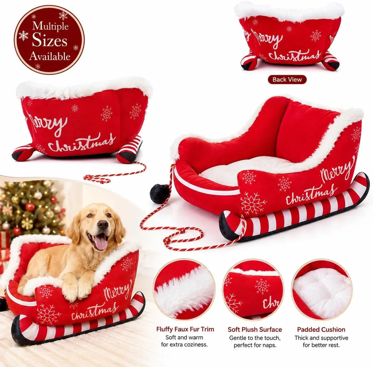 Christmas Dog Sleigh Bed With Soft Plush Calming Raised Sides