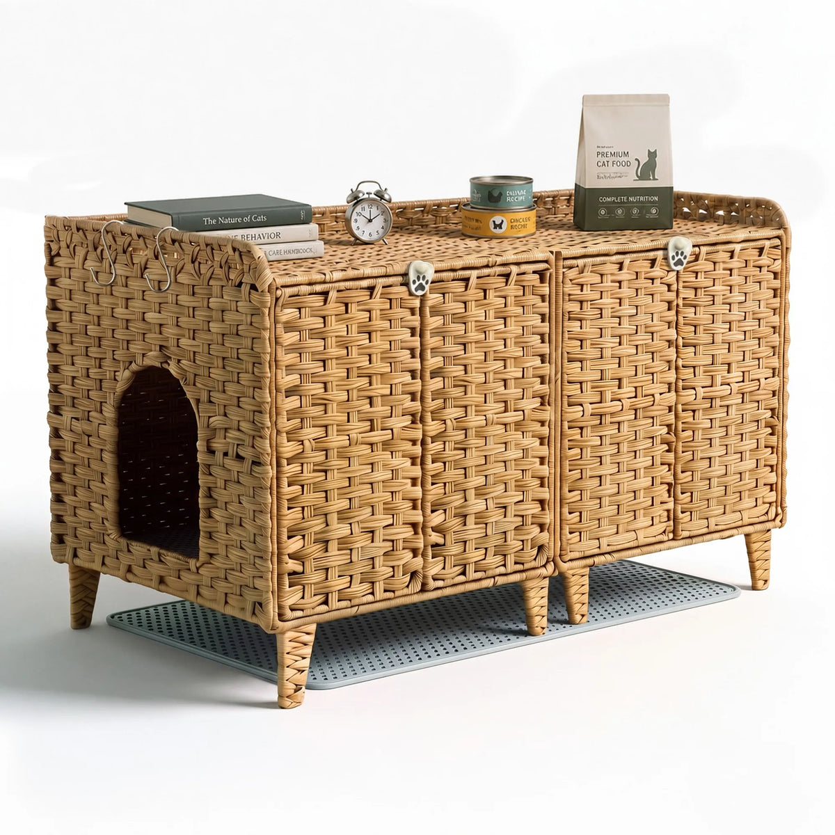 Rattan Cat Litter Box Enclosure Cabinet With Airflow Vents