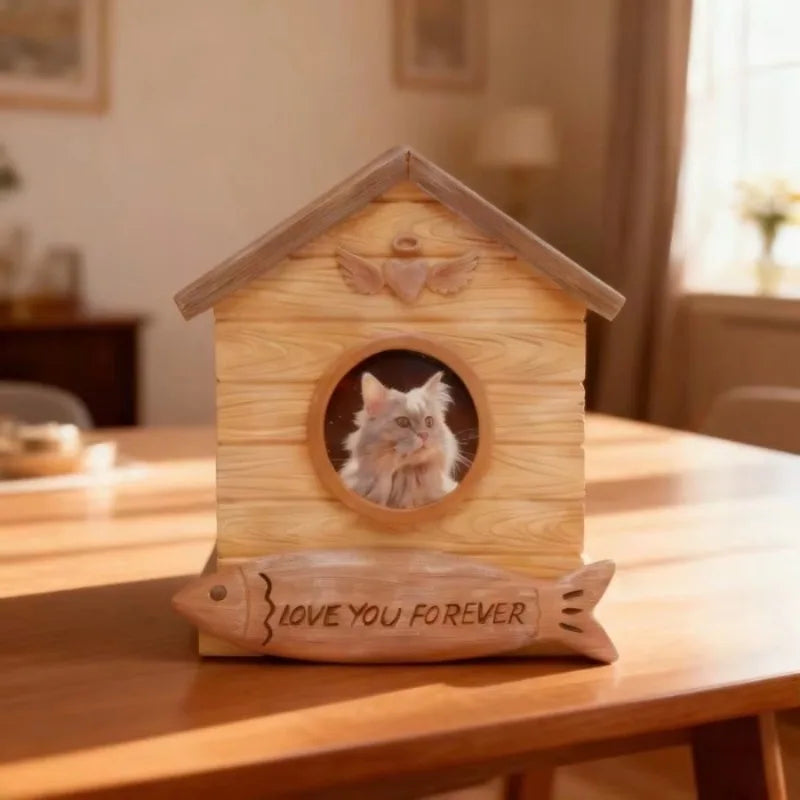 Wood Look Resin Pet Urn With Replaceable Photo Storage Box