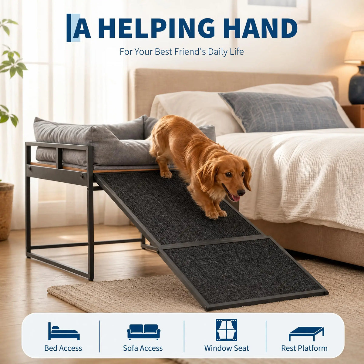 Elevated Pet Bed Ramp With Non Slip Access And Bolster Cushion