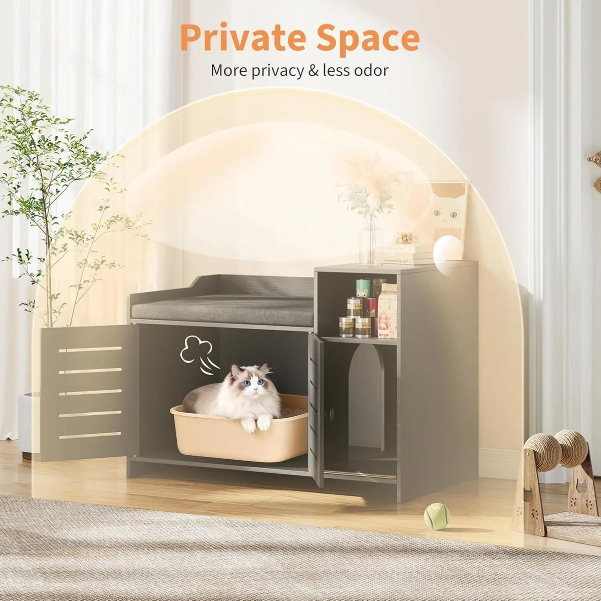 Farmhouse Cat Litter Box Enclosure With Storage And Scratch Pad