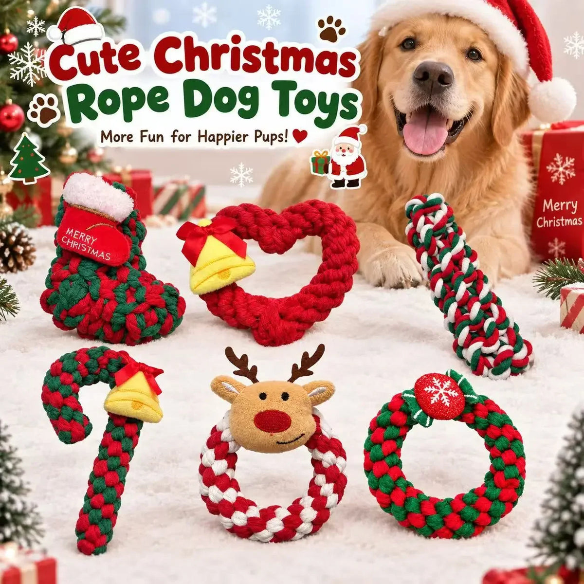 Christmas Dog Cotton Rope Knot Toy for Chewing and Play