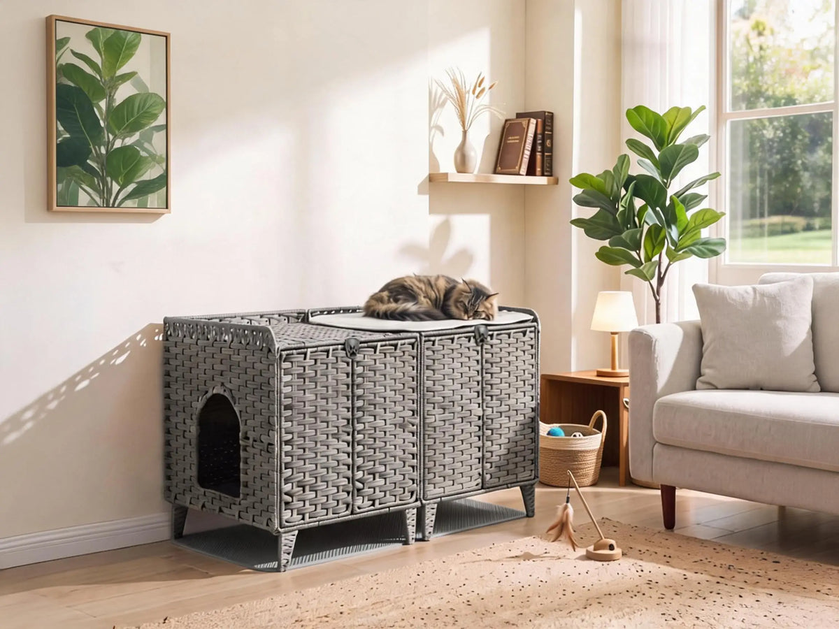 Rattan Cat Litter Box Enclosure Cabinet With Airflow Vents