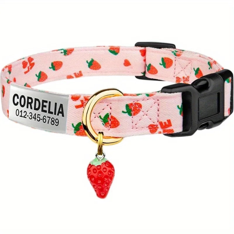 Personalized Engravable Dog Collar With Strawberry Heart Pattern ID Tag