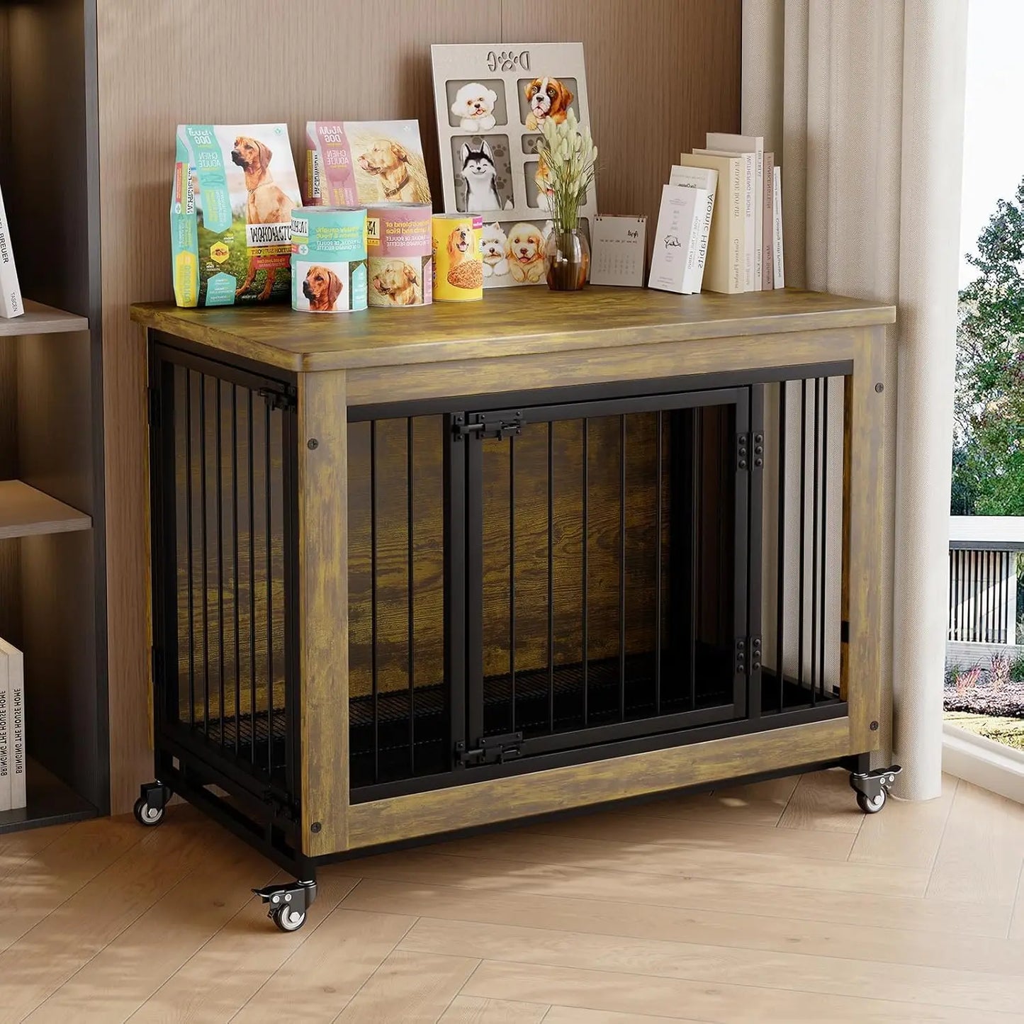ANIXOL Wooden Dog Crate Furniture End Table With Safety Lock