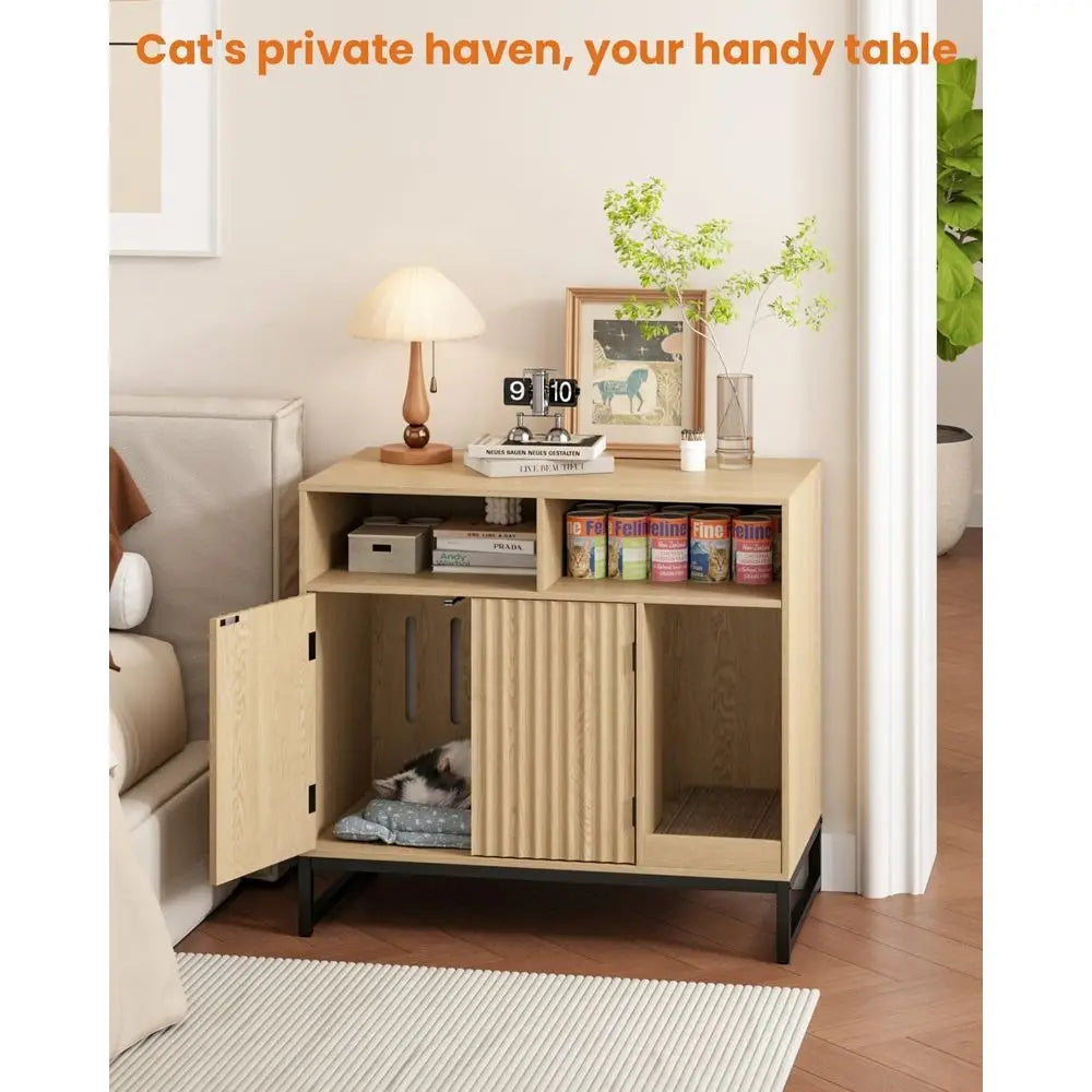 Modern Wooden Cat Litter Box Enclosure With Integrated Scratching Pad