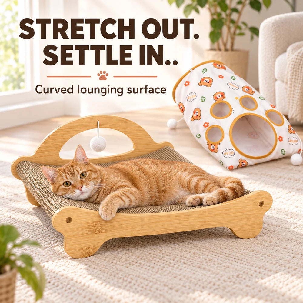 Zoe Cat Scratcher Lounger With Crinkle Tunnel And Hanging Toys