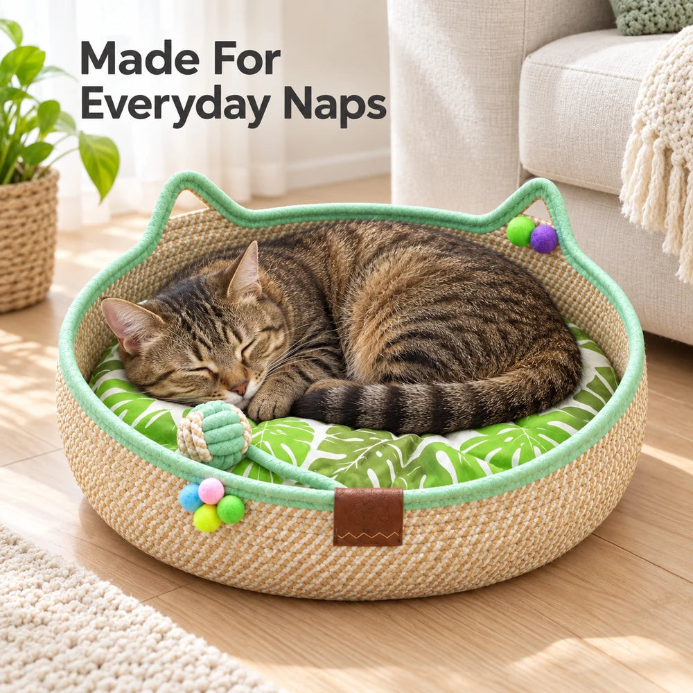 Round Woven Cat Bed With Ear Design Indoor Cat Lounger