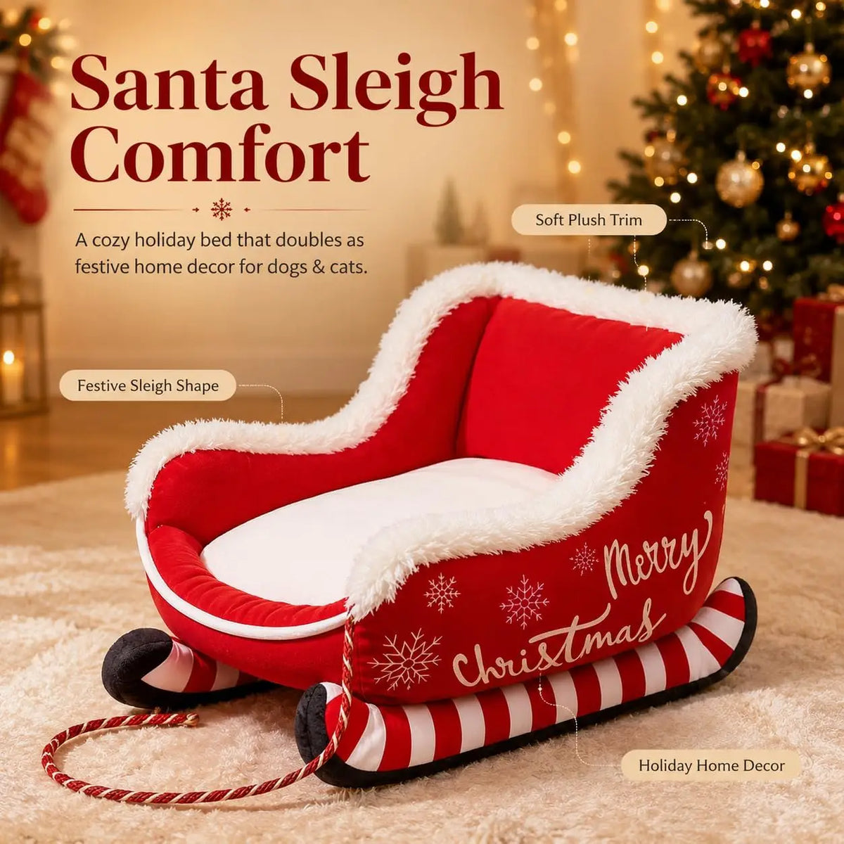 Christmas Dog Sleigh Bed With Soft Plush Calming Raised Sides