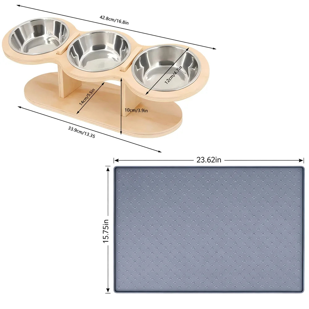 Elevated Wooden Cat Feeder With Three Stainless Steel Bowls