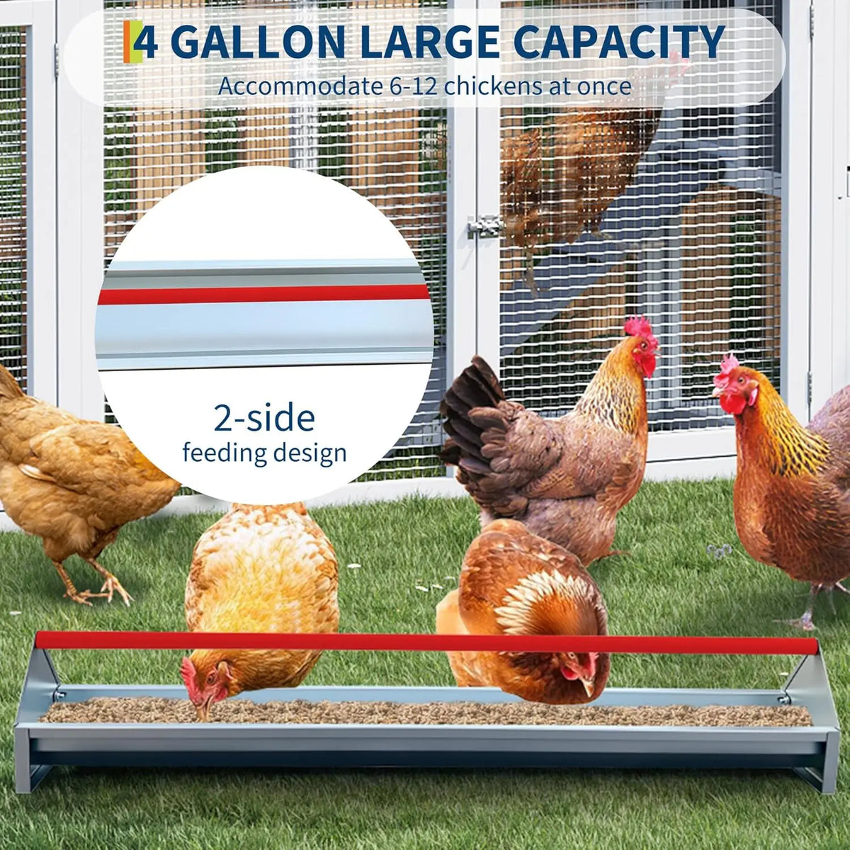 HiMISS Galvanized Steel Poultry Feeding Trough With Rotatable Handle