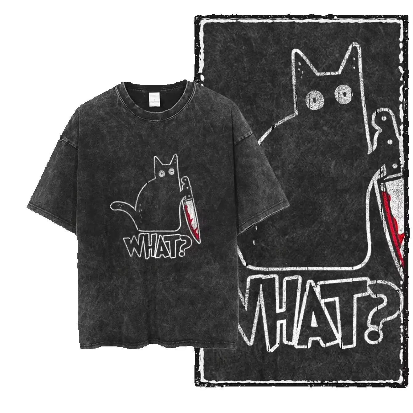 Premium Cotton Acid Washed Graphic Cat Print Streetwear T Shirt