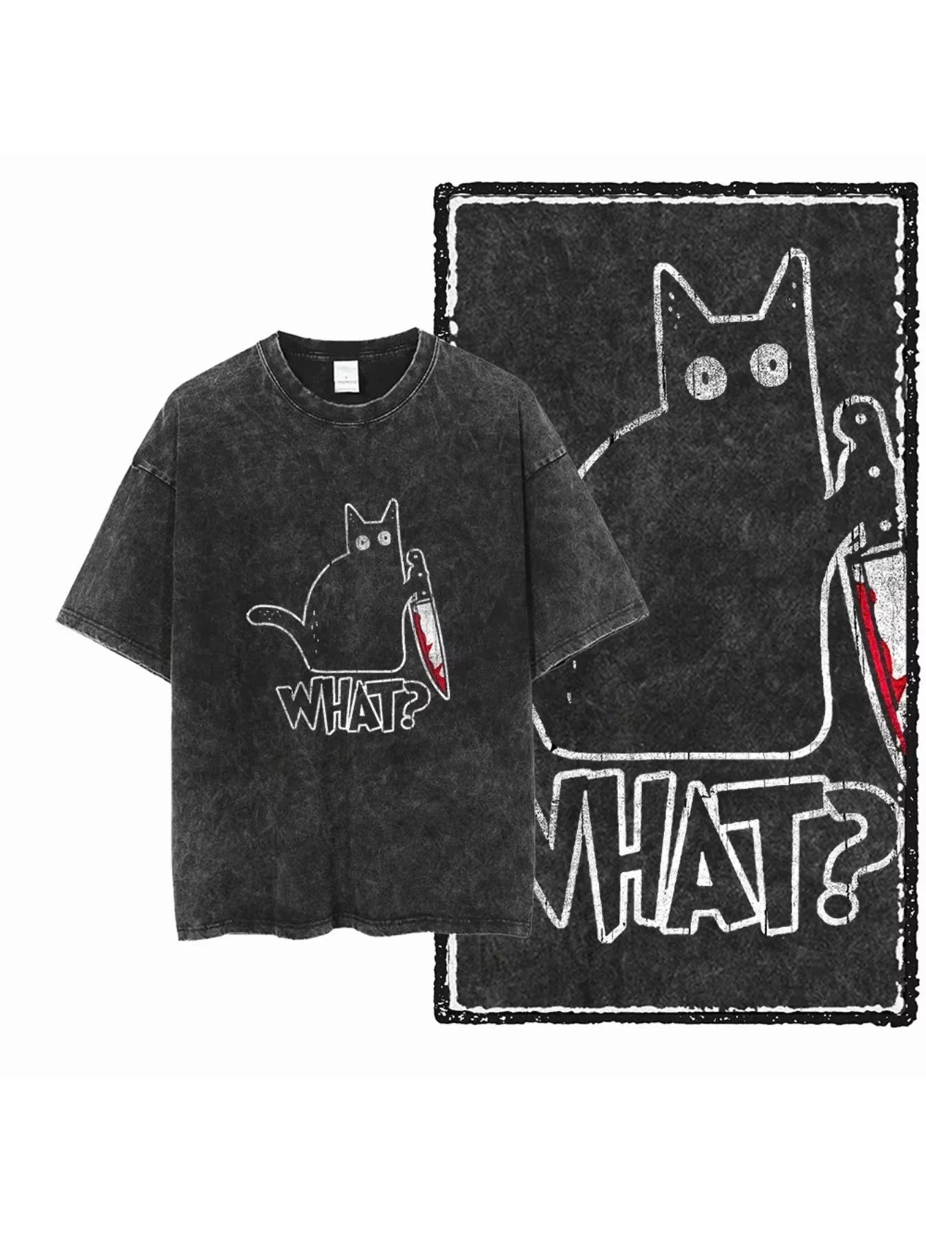 Premium Cotton Acid Washed Graphic Cat Print Streetwear T Shirt