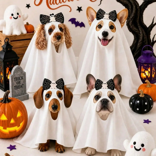 Funny Dog And Cat Halloween Ghost Costume With Bow