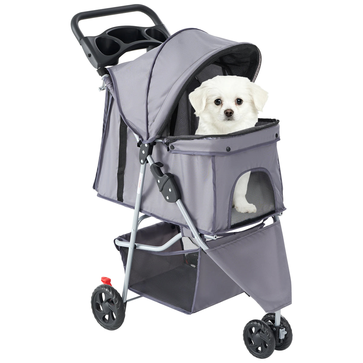 Foldable Three Wheel Pet Stroller With Mesh Vents Storage Basket