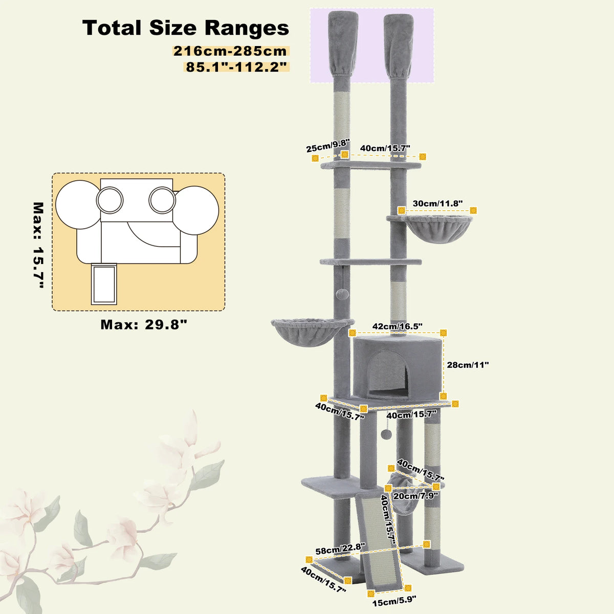 PAWZ Road Adjustable Height Cat Tree With Sisal Scratching Posts