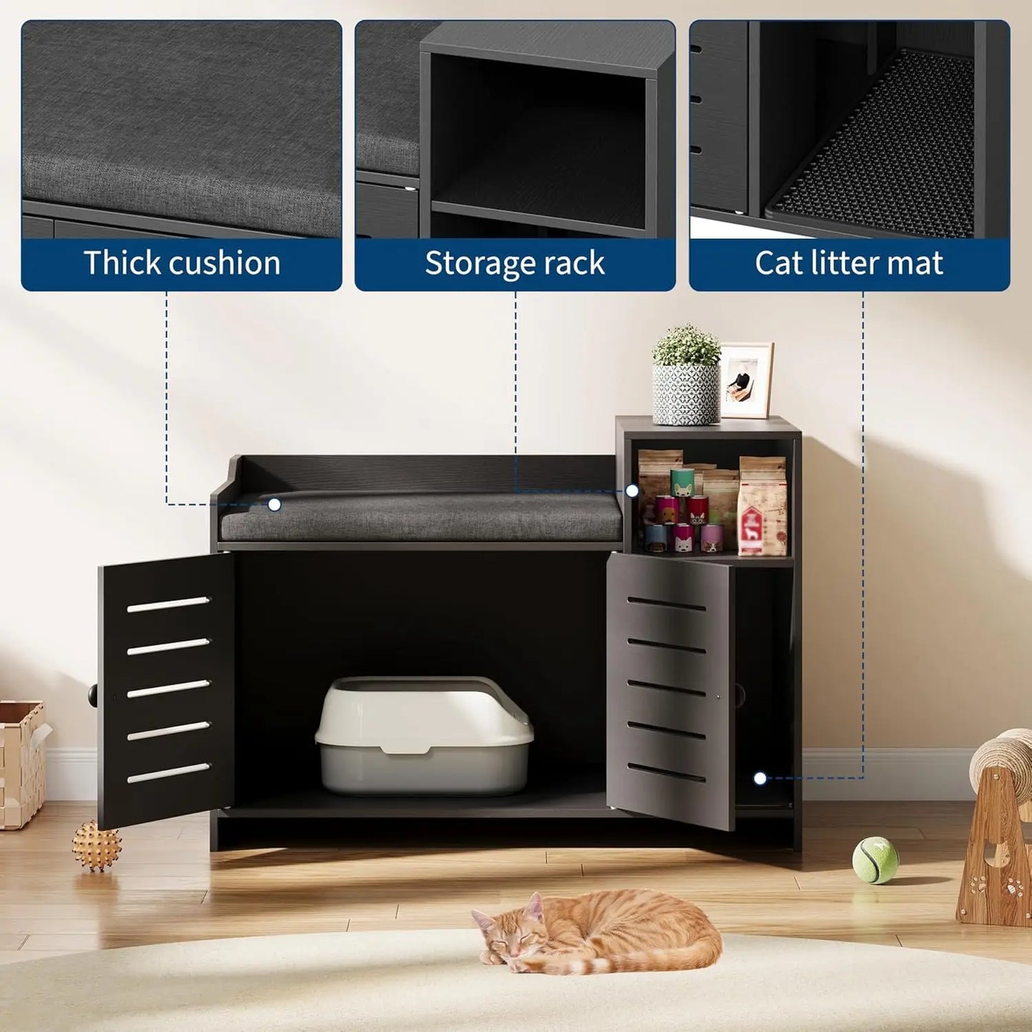 Farmhouse Cat Litter Box Enclosure With Storage And Scratch Pad