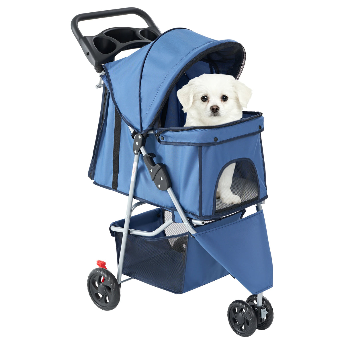 Foldable Three Wheel Pet Stroller With Mesh Vents Storage Basket