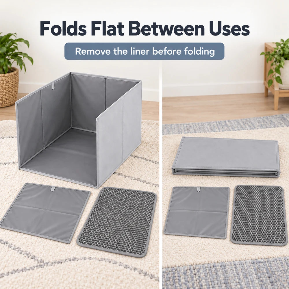 Foldable Cat Litter Box With Splash Guard And Litter Mat