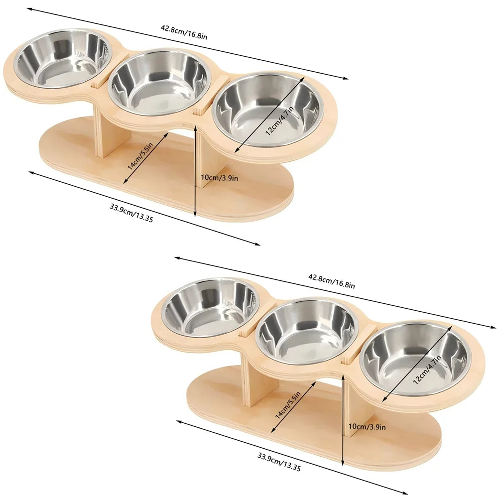 Elevated Wooden Cat Feeder With Three Stainless Steel Bowls