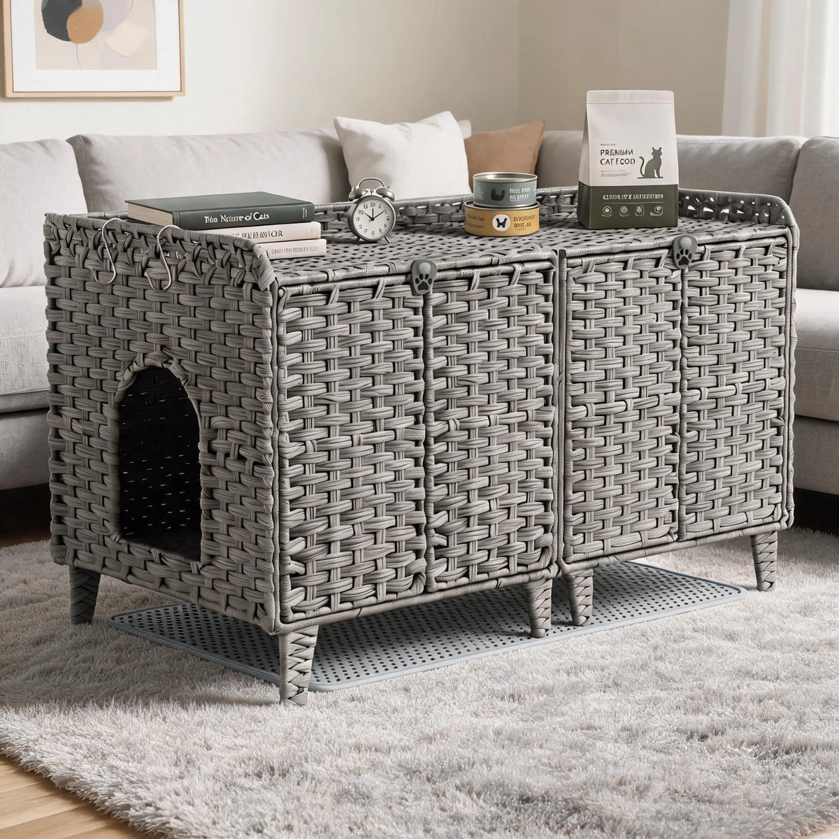 Rattan Cat Litter Box Enclosure Cabinet With Airflow Vents