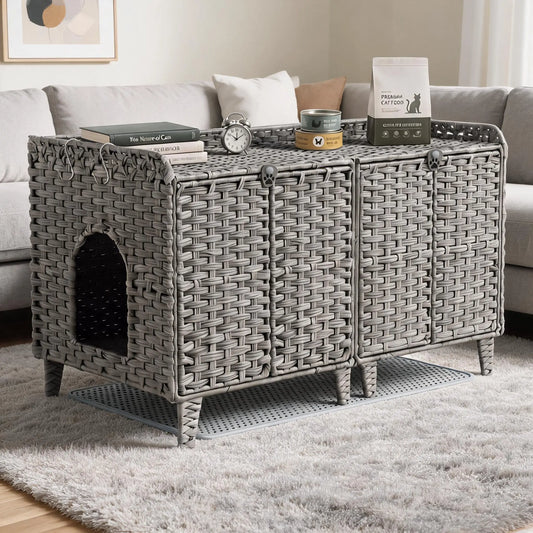 Rattan Cat Litter Box Enclosure Cabinet With Airflow Vents