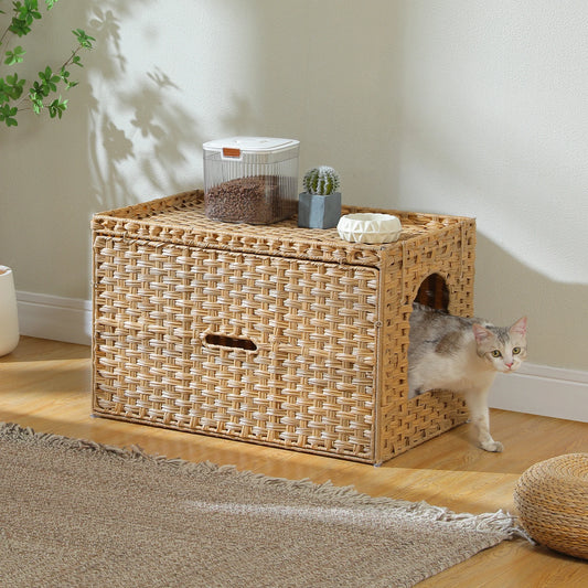 Pequulti Rattan Cat Litter Box Enclosure With Flip Top Design