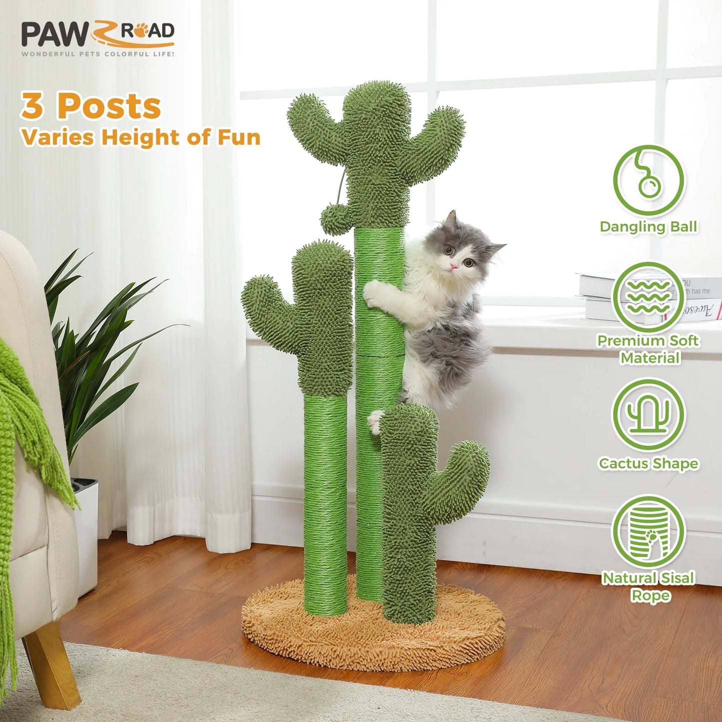 PAWZ Road Tall Cat Scratching Post With Sisal Poles And Ball