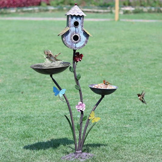 Durable 38" Metal Birdbath With Integrated Bird Feeder And Houses For Garden