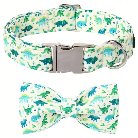 Stylish Dinosaur Dog Collar Featuring Bow Tie And Metal Buckle