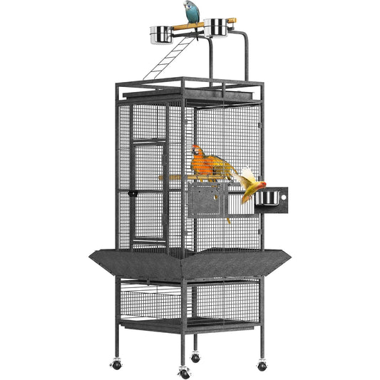 HiMISS Metal Bird Cage Play Top Wood Perches Feeder Parrots