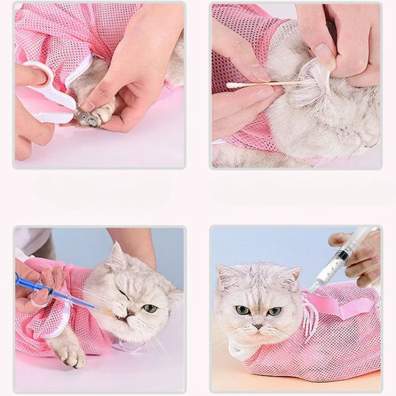 Mesh Cat Grooming Bath Bag With Anti Scratch Restraint Sleeve