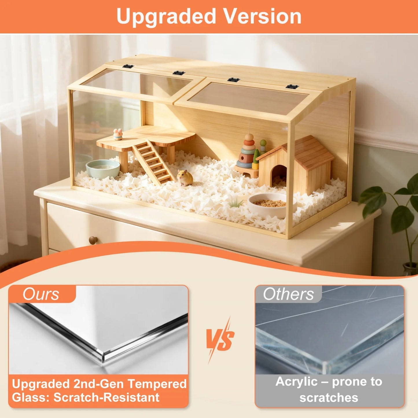 Wooden Tabletop Hamster Guinea Pig Cage With Tempered Glass Panels
