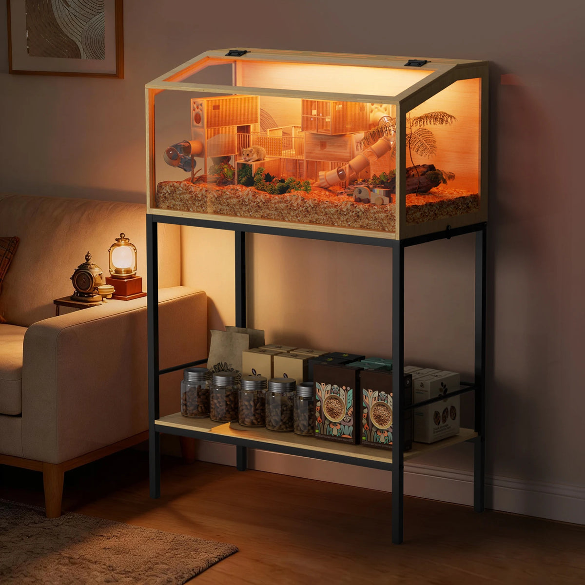 Large Wooden Hamster Cage With Tempered Glass And Led Light