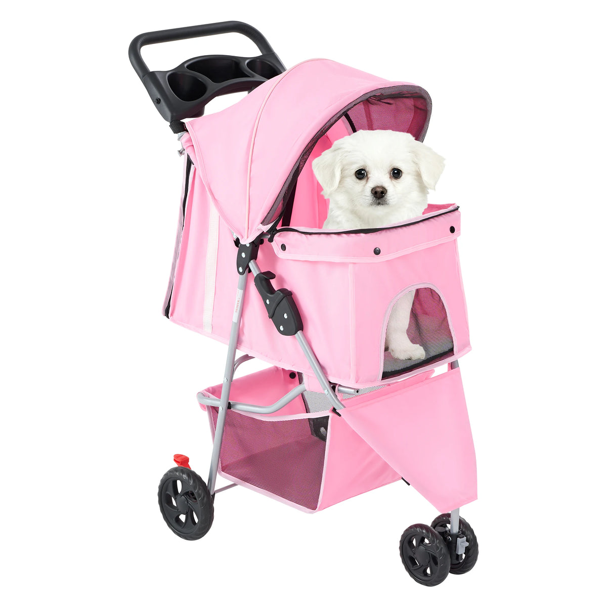Foldable Three Wheel Pet Stroller With Mesh Vents Storage Basket