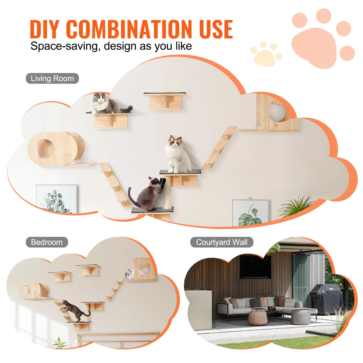 SucceBuy Wall Mounted Double Tier Cat Shelves with Hammocks