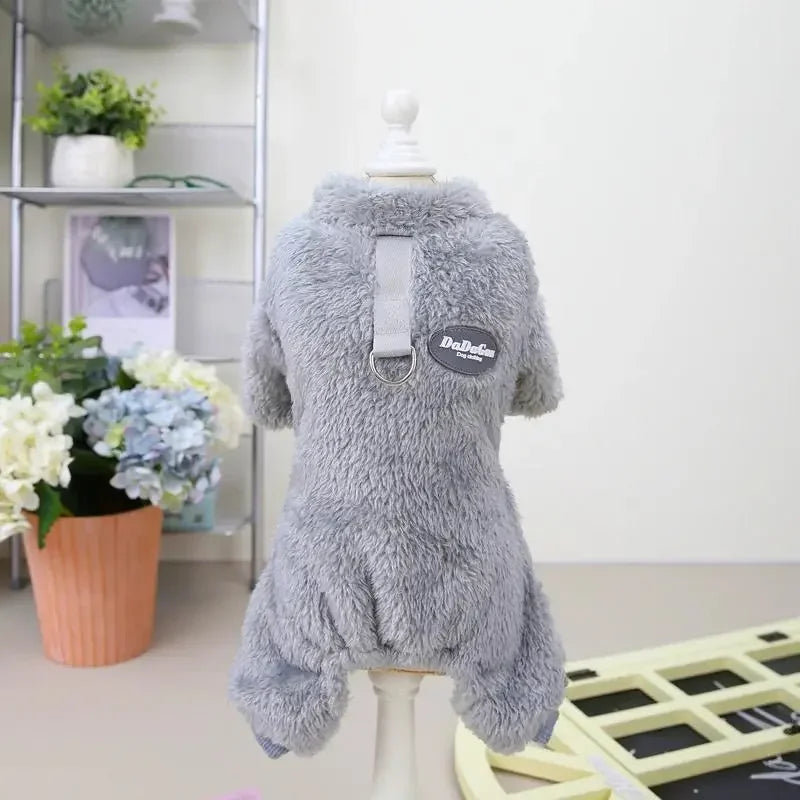 Warm Fleece Dog Jumpsuit With Pull Ring Pet Coat Apparel