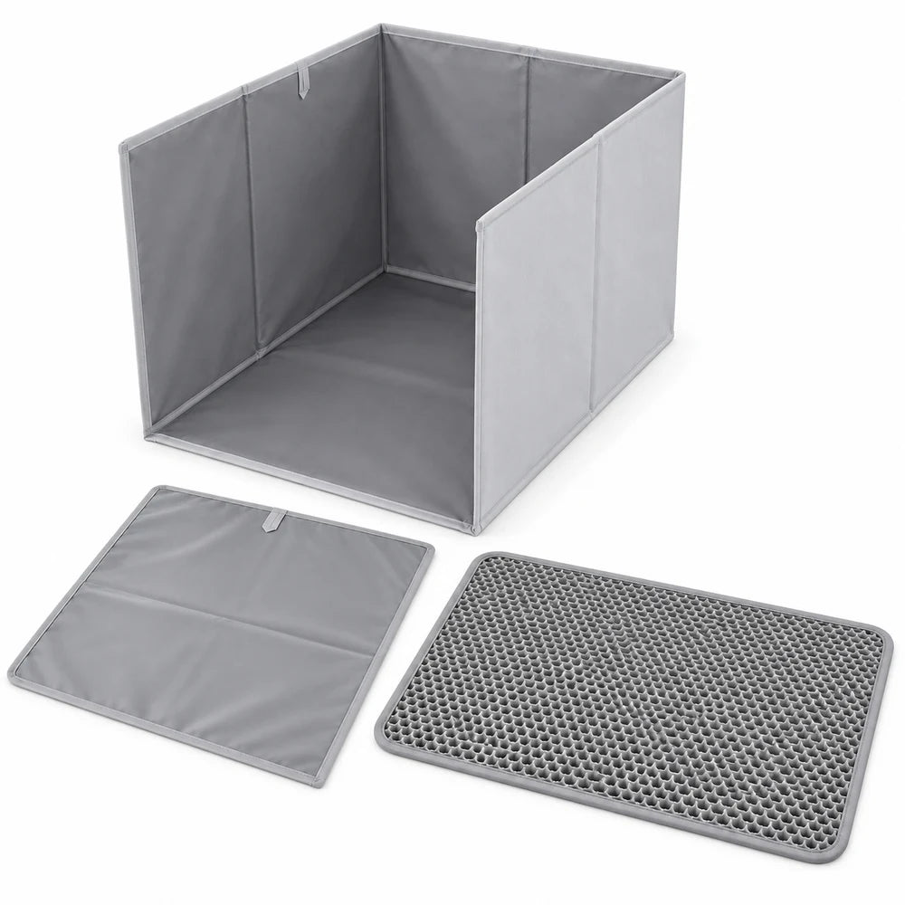 Foldable Cat Litter Box With Splash Guard And Litter Mat