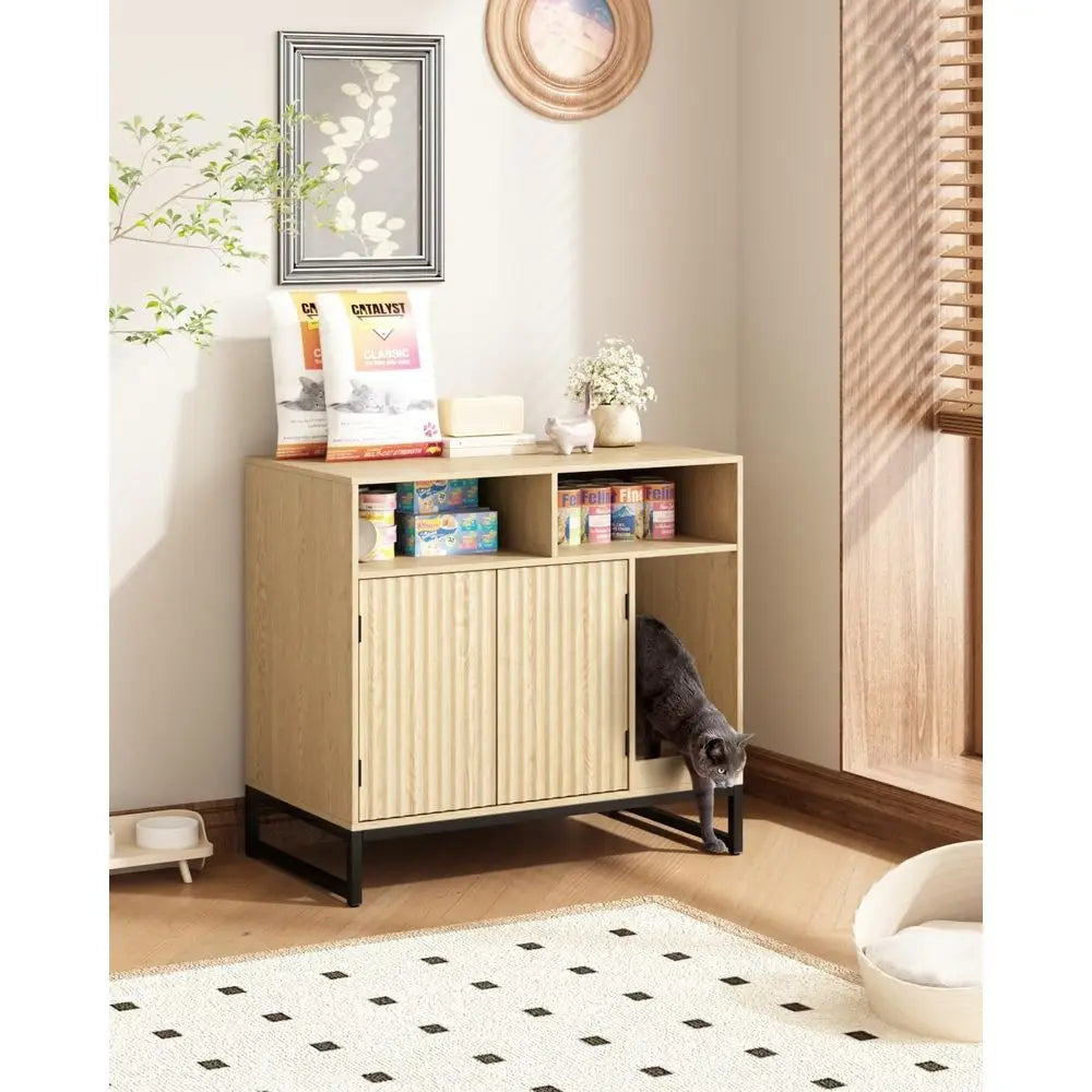 Modern Wooden Cat Litter Box Enclosure With Integrated Scratching Pad